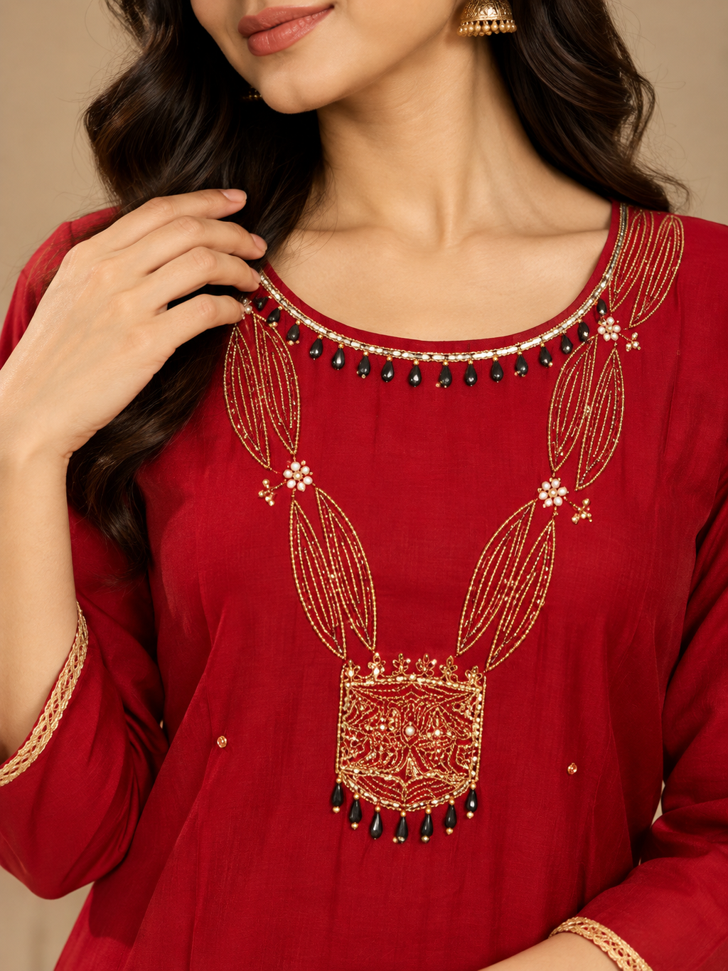 Red Embroidered A Line Suit Set with & Dupatta
