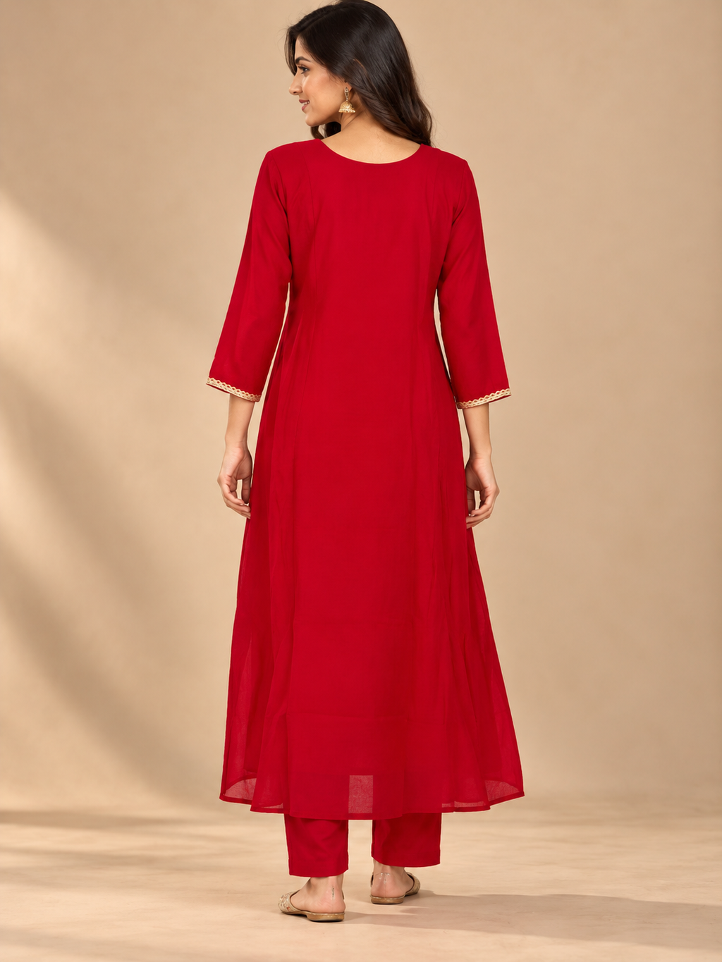 Red Embroidered A Line Suit Set with & Dupatta