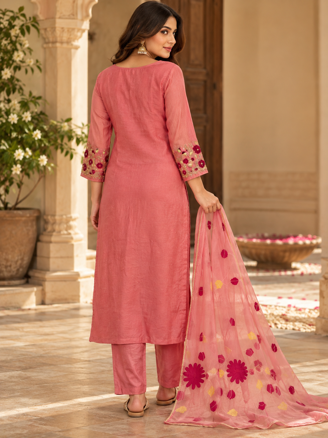Rose Pink Embroidered Suit Set with Floral Dupatta & Matching Straight Pants