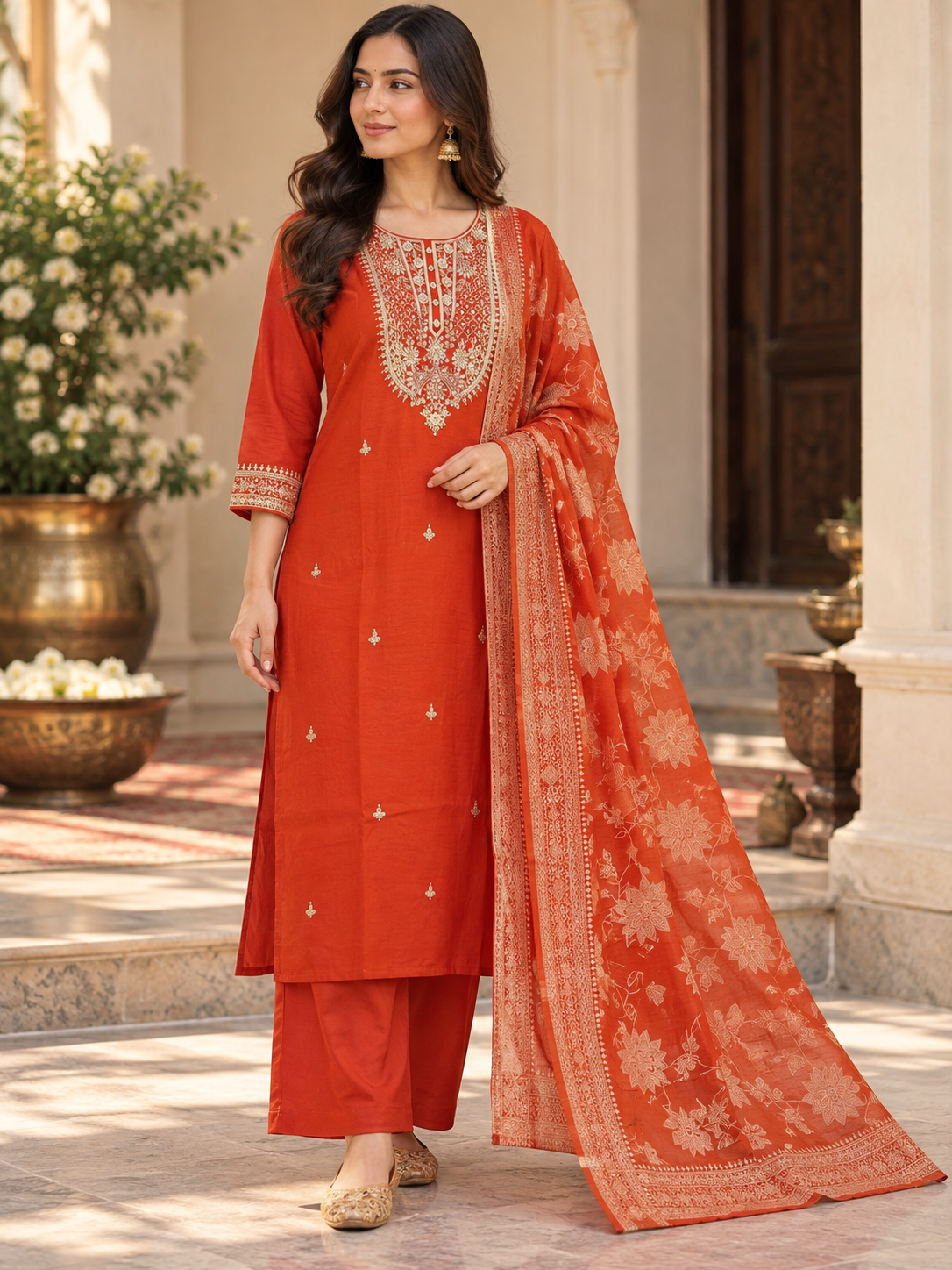 Rust Embroidered Suit Set with palazzo &  Dupatta