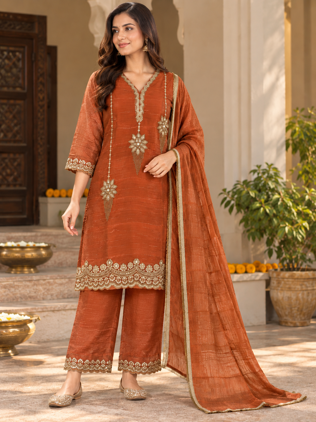 Rust Orange Salsa Suit Set with Embroidered Kurta, Palazzo & Dupatta