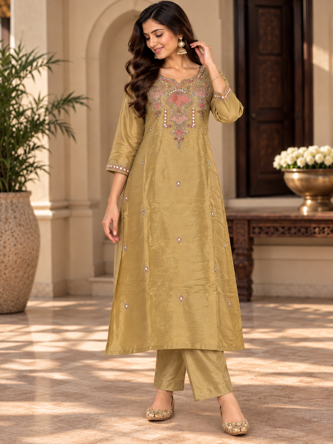 Olive yellow Embroidered Suit Set with Dupatta & Matching Plazzo