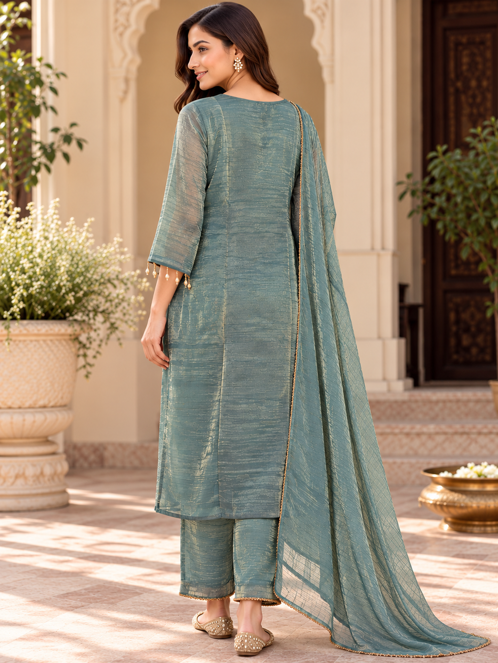 Sage Green Salsa Suit Set with Mirror & Lace Detailing